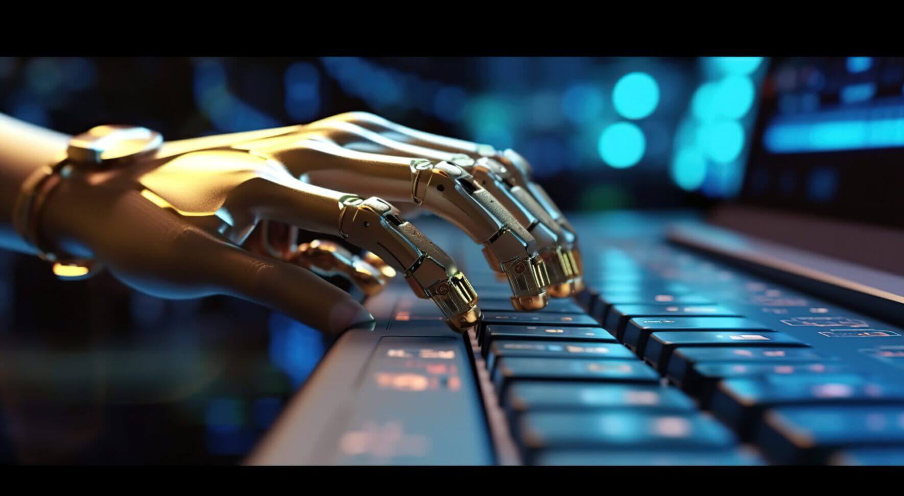 Robotic cyborg hand pressing a keyboard on a laptop